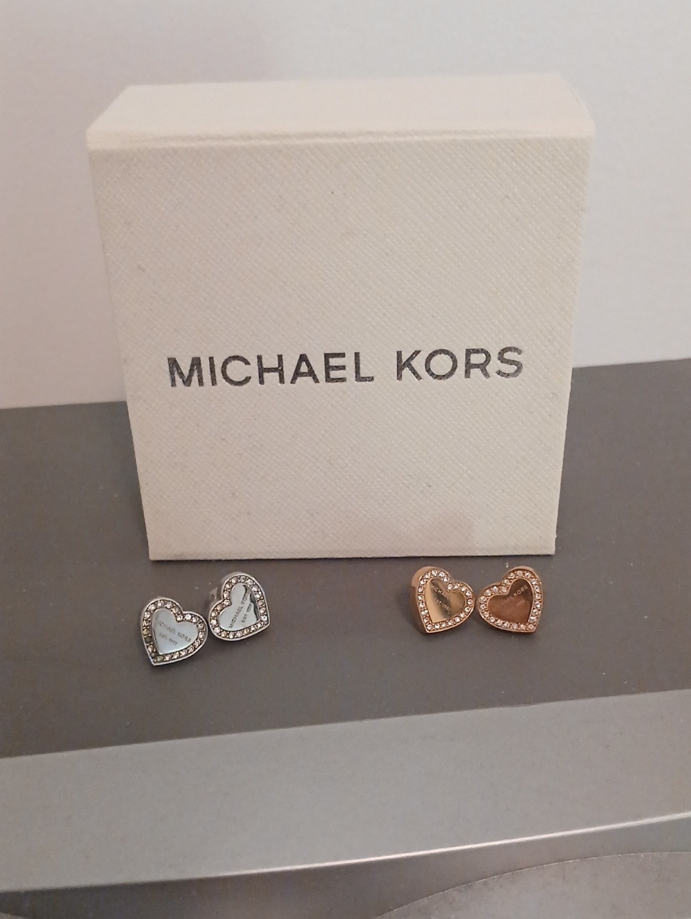 Michael Kors Heart Stud Earrings - Silver Tone and Rose Gold Tone